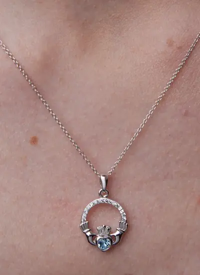 Claddagh Aquamarine Birthstone Pendant With Swarovski Crystals - March